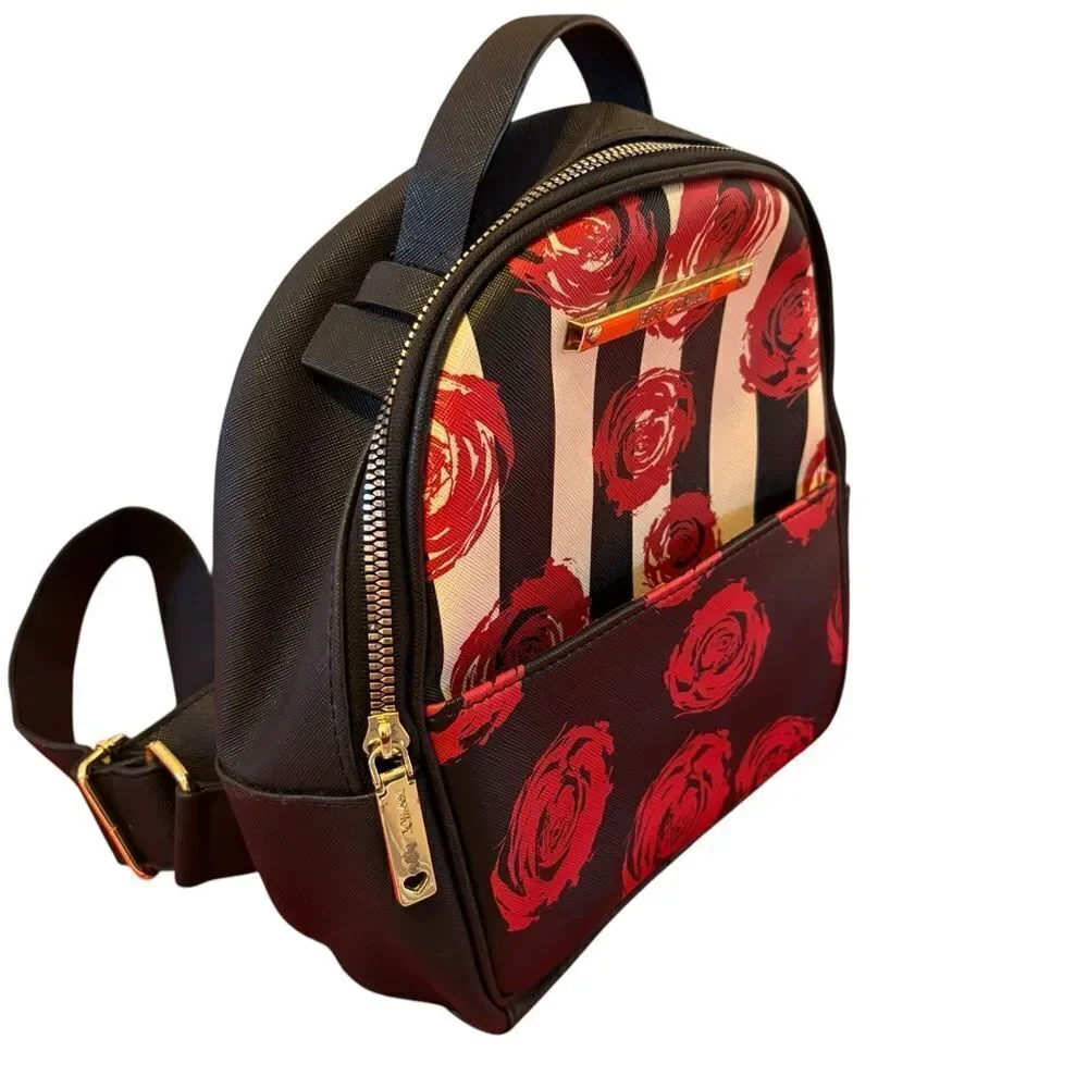 Betsey Johnson Black, White & Red Floral Mini Backpack w/ Gold Hardware